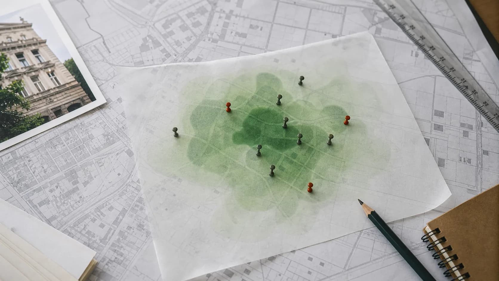 Mapa urbano impresso com marcas de densidade translucidas e pinos indicando um cluster provavel de atividade publica.