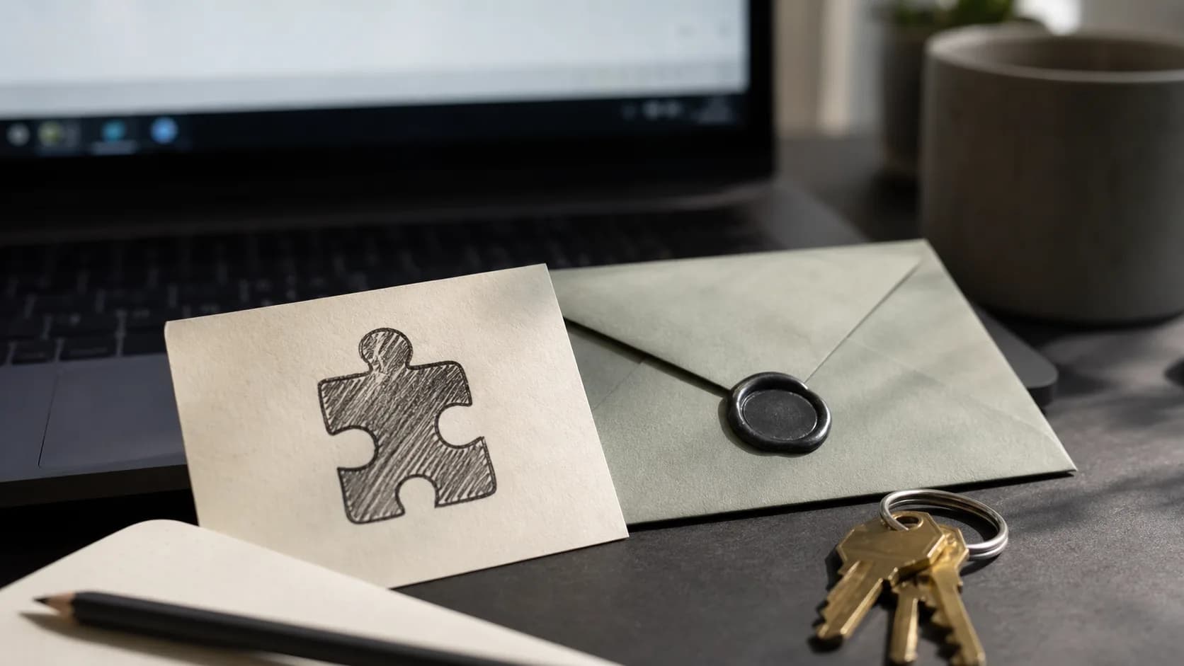 Simbolo de extensao em papel, envelope fechado e chaves ao lado de um notebook.